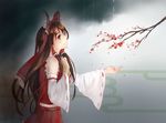  bow branch brown_hair cover_image detached_sleeves fuyumori hair_bow hair_tubes hakurei_reimu highres long_hair looking_up outstretched_hand petals rain red_eyes red_ribbon ribbon sidelocks solo touhou very_long_hair water wide_sleeves 