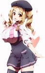 :3 beret blonde_hair breasts diamond employee_uniform eyebrows fang hat heart highres large_breasts long_hair looking_at_viewer onozuka_hikari red_eyes simple_background smile solo thighhighs tokyo_(great_akuta) uniform white_background yama_no_susume 