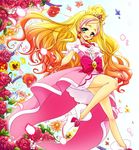  :d bare_legs blonde_hair bow cure_flora eyebrows floral_background flower full_body gloves go!_princess_precure green_eyes haruno_haruka highres long_hair looking_at_viewer magical_girl multicolored_hair noyuki1204 open_mouth petals pink_bow pink_hair pink_skirt precure red_flower red_rose rose shoes skirt smile solo streaked_hair thick_eyebrows two-tone_hair white_footwear white_gloves 