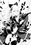  bangs bow dress duoyuanjun eyebrows_visible_through_hair gloves granblue_fantasy greyscale hair_between_eyes hair_bow hair_ornament holding holding_sword holding_weapon long_hair looking_at_viewer monochrome navel parted_lips petals ponytail smile solo sword thighhighs vira_lilie weapon 