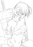  amputee bandaged_arm bandages bangs commentary_request greyscale highres horns looking_at_viewer midriff missing_limb monochrome navel niwatazumi original oversized_object sarashi sheep_horns short_hair sketch solo sword weapon 
