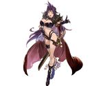  :d ahoge black_footwear black_gloves blue_eyes blush boots breasts bursting_breasts cape circlet cleavage full_body gloves granblue_fantasy hair_intakes hand_on_hip index_finger_raised jewelry large_breasts long_hair minaba_hideo naga_the_serpent navel necklace official_art open_mouth purple_hair revealing_clothes sheath skull skull_necklace slayers smile solo spikes standing sword thigh_strap transparent_background v-shaped_eyebrows weapon 