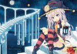  :o animal_ears black_skirt boots fantasy food fountain_pen grey_eyes grey_hair hat lantern long_hair moon nibiiro_shizuka night night_sky original panties pen skirt sky solo stairs striped striped_legwear thighhighs underwear white_panties witch_hat 