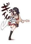  amagami animal_print black_hair black_legwear blazer cable dial effects_pedal electric_guitar fender_stratocaster fish_print grey_eyes guitar guriko_(mossari) headphones instrument jacket leg_up legs long_hair messy_hair open_collar plectrum simple_background skirt socks solo strap sweater tanamachi_kaoru translation_request white_background 