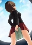  brown_eyes brown_hair covering covering_ass diesel-turbo from_below girls_und_panzer hat kuromorimine_military_uniform military military_uniform nishizumi_maho short_hair solo uniform 