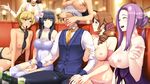  6+girls :d ^_^ akuma_musume_no_kanban_ryouri alcohol animal_ears arm_hug benimura_karu between_breasts black_hair blonde_hair blue_eyes blush bra bra_in_mouth bra_removed breast_rest breasts breasts_on_head brown_eyes brown_hair choker closed_eyes covering_face drill_hair game_cg gin_(akuma_musume_no_kanban_ryouri) green_eyes green_hair harem head_out_of_frame large_breasts lingerie long_hair mouth_hold multiple_girls nipples open_mouth panties purple_hair short_hair sitting smile thighhighs underwear vest 