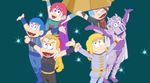  5boys armor arms_up belt blonde_hair blue_hair braid cape hanamaru_pippi_wa_yoiko_dake helmet hokuto_no_ken lifting lipstick long_hair maboroshi_dandy makeup multiple_boys open_mouth osomatsu-kun osomatsu-san parody purple_eyes pyramid red_cross red_eyes red_hair rei_(hokuto_no_ken) scar scarf shin_(hokuto_no_ken) short_hair shoulder_pads shuu_(hokuto_no_ken) silver_hair smile souther star style_parody tenshou_juuji_hou yuda_(hokuto_no_ken) 