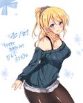  ayase_eli black_legwear blonde_hair blue_eyes casual character_name cutoffs dated hair_ornament hair_scrunchie happy_birthday jiino long_hair love_live! love_live!_school_idol_project off-shoulder_sweater off_shoulder pantyhose ponytail ribbed_sweater scrunchie short_shorts shorts smile solo sweater 