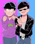  black_hair brothers cosplay costume_switch denim hood hoodie jacket jeans leather leather_jacket male_focus matsuno_ichimatsu matsuno_ichimatsu_(cosplay) matsuno_karamatsu matsuno_karamatsu_(cosplay) multiple_boys oniyama831 osomatsu-kun osomatsu-san pants paw_pose siblings simple_background sweat track_pants two-tone_background 