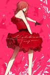  2015 black_gloves commentary dated dress frills gloves highres looking_back love_live! love_live!_school_idol_project muromaki nishikino_maki purple_eyes red_dress red_hair sash signature single_strap solo 