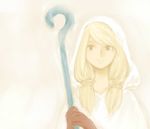  blonde_hair braid final_fantasy final_fantasy_tactics gloves hair_over_shoulder hood long_hair robe smile solo staff twin_braids twintails weapon white_mage white_mage_(fft) yuya_(yu_gray) 