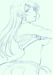  ayase_eli bad_id bad_twitter_id breasts hair_down highres long_hair looking_at_viewer looking_back love_live! love_live!_school_idol_project medium_breasts monochrome shirt_lift sketch solo underboob undressing yukiiti 