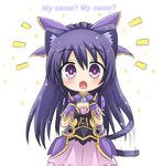  animal_ears armor black_hair blush bow date_a_live dress fang greenteaneko hair_bow kemonomimi_mode long_hair open_mouth purple_eyes solo sparkle tail tail_wagging white_background yatogami_tooka 