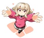  atra_mixta black_legwear blush from_above grey_hair gundam gundam_tekketsu_no_orphans gunjima_souichirou heart hood hoodie long_sleeves outstretched_arms pantyhose red_eyes short_hair shorts smile solo sweater 