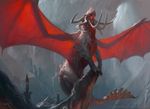  architecture dragon feral front_view glowing horn macro magic_the_gathering membranous_wings official_art perched quadruped restricted_palette scalie signature spread_wings tusks tyler_jacobson wings 