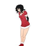  against_wall alternate_costume amagami arms_behind_back black_eyes black_gloves black_hair boots elbow_gloves fur_trim gloves invisible_wall legs long_hair messy_hair no_hat no_headwear red_footwear red_shirt santa_costume shirt simple_background smile solo takatou tanamachi_kaoru white_background 