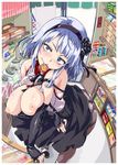  ass blue_eyes blue_hair breasts condom condom_in_mouth dagashi_kashi detached_sleeves hairband kisairo_kaede large_breasts looking_at_viewer mouth_hold off_shoulder open_clothes panties panties_under_pantyhose pantyhose shidare_hotaru shiny shiny_skin shop solo underwear 