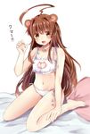  :3 ahoge animal_ears bad_id bad_pixiv_id barefoot bell breasts brown_eyes brown_hair cat_cutout cat_ear_panties cat_lingerie claw_pose cleavage_cutout highres jingle_bell kantai_collection kuma_(kantai_collection) long_hair masayo_(gin_no_ame) medium_breasts meme_attire navel open_mouth panties side-tie_panties smile solo translated underwear 