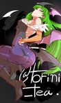  animal_print artist_name ass bat bat_print blush boots breasts bridal_gauntlets commentary_request demon_wings fur_trim green_eyes green_hair head_wings high_heels large_breasts leotard long_hair looking_at_viewer looking_back morrigan_aensland pantyhose print_legwear purple_wings sideboob smile solo torichamaru twitter_username vampire_(game) wings 