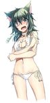  alternate_costume animal_ears animal_print ass_visible_through_thighs bangs bare_shoulders bell bell_choker blush breast_hold breasts cat_cutout cat_ear_panties cat_ears cat_lingerie cat_print choker cleavage_cutout collarbone colored_eyelashes cowboy_shot embarrassed eyepatch green_eyes green_hair jingle_bell kantai_collection kiso_(kantai_collection) legs_apart long_hair looking_at_viewer meme_attire navel open_mouth panties ribbon side-tie_panties solo standing stomach strap_slip twitter_username underwear underwear_only white_panties white_ribbon yuihira_asu 