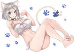  animal_ears barefoot bell bell_collar blue_eyes blush bra breasts cat_cutout cat_ear_panties cat_ears cat_lingerie chestnut_mouth cleavage_cutout collar feet hair_ornament hair_over_one_eye hairclip hamakaze_(kantai_collection) jingle_bell kantai_collection large_breasts meme_attire navel open_mouth panties paw_pose paw_print sensen short_hair side-tie_panties silver_hair simple_background solo tail toes underwear white_background 