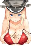  bare_shoulders bikini bismarck_(kantai_collection) blonde_hair blue_eyes blush body_writing breast_hold breasts cleavage collarbone commentary_request followers hat hits kantai_collection large_breasts long_hair looking_at_viewer meth_(emethmeth) military_hat peaked_cap red_bikini solo swimsuit upper_body 