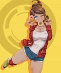  ;) asahina_aoi ass_visible_through_thighs blue_eyes breast_squeeze breasts brown_hair cleavage covered_nipples danganronpa danganronpa_1 dark_skin doughnut food food_in_mouth hair_ornament hairclip holding holding_food jacket knee_pads large_breasts looking_at_viewer mouth_hold one_eye_closed ponytail shikuta_maru shoes short_shorts shorts smile sneakers solo track_jacket yellow_background 