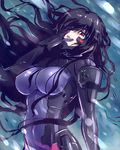  arm_guards beatrix_bremer black_hair bodysuit breasts hand_on_own_face headgear jinkai_yamizawa large_breasts long_hair looking_at_viewer motion_blur muvluv parted_lips pilot_suit red_eyes revision schwarzesmarken skin_tight snow snowing solo upper_body very_long_hair wind 