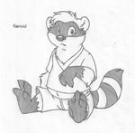  barefoot buttonverse clothing cub cute_fangs english_text front_view gerald_raccoon greyscale looking_at_viewer male mammal midriff mizzyam monochrome pencil_(artwork) raccoon shirt shorts sitting slightly_chubby solo spread_legs spreading text traditional_media_(artwork) young 