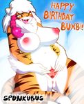  2016 anthro anus areola big_breasts birthday breasts buxbi_(character) english_text fangs feline female fur hair hi_res huge_breasts mammal navel nipples nude open_mouth pussy solo spread_pussy spreading spunkubus text tiger tongue white_hair 