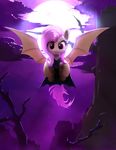  2015 cloud equine fangs female feral flutterbat_(mlp) fluttershy_(mlp) flying friendship_is_magic fur hair hi_res looking_at_viewer mammal membranous_wings moon my_little_pony outside pegasus pink_hair red_eyes scootiebloom sky solo tree wings yellow_fur 