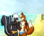  anthro beach bulge canine clothed clothing dessert dialogue duo_focus feline food fox front_view group hand_on_hip ice_cream leo_(whiteleo) lion male mammal mane one_eye_closed pecs sea seaside silhouette skunk soft_serve speedo sweat swimsuit topless water whiteleo 