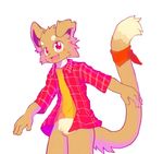  anthro bottomless brown_fur canine cat clothed clothing cub cute_fangs dog featureless_crotch feline front_view fur hybrid looking_at_viewer mammal open_mouth open_shirt plaid shirt simple_background smile solo white_background whiteleo young 
