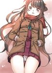  bad_id bad_pixiv_id black_hair blush brown_coat buttons cameltoe coat commentary_request dress from_below hachimitsu_(hati718) hair_ribbon hands_in_pockets kantai_collection long_hair long_sleeves looking_at_viewer looking_down multicolored_hair naganami_(kantai_collection) open_clothes open_coat open_mouth panties pantyshot pantyshot_(standing) pink_hair red_scarf ribbon scarf school_uniform solo standing underwear uniform upskirt 