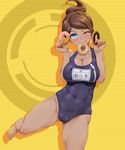  ;) asahina_aoi ass_visible_through_thighs barefoot blue_eyes breast_squeeze breasts brown_hair cameltoe cleavage covered_navel covered_nipples danganronpa danganronpa_1 dark_skin doughnut fat_mons food food_in_mouth hair_ornament hairclip holding holding_food large_breasts looking_at_viewer mouth_hold one-piece_swimsuit one_eye_closed ponytail school_swimsuit shikuta_maru smile solo swimsuit thighs yellow_background 