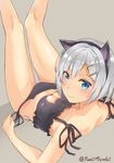  animal_ears blue_eyes blush breasts cat_cutout cat_ear_panties cat_ears cat_lingerie cleavage cleavage_cutout eyes_visible_through_hair hair_ornament hair_over_one_eye hairclip hamakaze_(kantai_collection) highres jacob_dream_world kantai_collection large_breasts meme_attire panties short_hair side-tie_panties silver_hair solo underwear underwear_only 