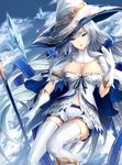 blue_eyes breasts cape cleavage gloves hat large_breasts limeblock long_hair md5_mismatch open_mouth original silver_hair solo thighhighs witch_hat 