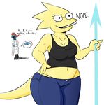  alphys big_breasts blue_skin breasts cleavage clothed clothes_swap clothing davidsanchan dialogue duo english_text eye_patch eyelashes eyewear female fish glasses hair lab_coat marine melee_weapon polearm red_hair scales scalie simple_background smile spear text undertale undyne video_games weapon white_background yellow_eyes yellow_scales 