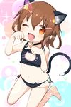  animal_ears bell bell_(oppore_coppore) bell_collar black_bra black_dress bra brown_eyes brown_hair cat_cutout cat_ear_panties cat_ears cat_lingerie cat_tail cleavage_cutout collar dress fang hair_ornament hairclip highres ikazuchi_(kantai_collection) jingle_bell kantai_collection kemonomimi_mode looking_at_viewer meme_attire navel one_eye_closed open_mouth panties paw_pose side-tie_panties sitting smile solo tail underwear underwear_only wariza 