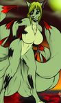  anthro big_breasts black_sclera blood breasts butt chain chest_tuft featureless_breasts featureless_crotch female full-length_portrait fur galmgaruda51 green_eyes green_hair hair hand_on_butt hand_on_thigh looking_at_viewer multiple_tails navel ninetales nintendo nude pok&eacute;mon portrait shackles smile solo standing tuft undead video_games 