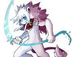  action_pose anthro arm_wraps feline holding_object holding_weapon leo_(whiteleo) lion looking_at_viewer magic male mammal mane melee_weapon mostly_nude scarf scythe solo weapon whiteleo young 