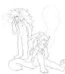  anthro black_and_white blowing_bubbles brothers bubble cat eyes_closed featureless_crotch feline kay_(whiteleo) leo_(whiteleo) line_art lion male mammal mane monochrome mostly_nude nude pawpads plantigrade scarf sibling sitting standing tail_grab whiteleo young 