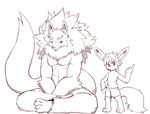  abs barefoot big_muscles blush canine capcom clothed clothing darkstalkers duo fennec fox front_view grin jon_talbain line_art looking_at_viewer male mammal mane monochrome muscular pants pecs plantigrade pointing shorts sitting size_difference topless video_games were werewolf whiteleo 
