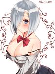  areola_slip areolae bare_shoulders black_bra blue_eyes blush bow bowtie bra breasts closed_mouth collarbone from_above hair_ornament hair_over_one_eye hairclip hamakaze_(kantai_collection) heart kantai_collection large_breasts long_sleeves looking_at_viewer off_shoulder pleated_skirt red_bow red_neckwear sakiryo_kanna school_uniform shirt short_hair silver_hair skirt solo tears twitter_username underwear upper_body white_shirt 