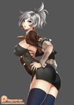  blue_eyes breasts covered_nipples dress gauntlets jacket kaorihero large_breasts league_of_legends open_clothes open_jacket open_mouth riven_(league_of_legends) short_dress silver_hair solo thighhighs thighs zettai_ryouiki 