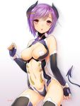  47agdragon :o blush breasts cleavage cleavage_cutout demon_girl demon_horns demon_tail elbow_gloves fingerless_gloves gloves hair_ornament hairclip highres horns large_breasts looking_at_viewer navel navel_cutout original purple_hair red_eyes short_hair simple_background solo tail thighhighs 