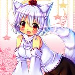  animal_ears bare_shoulders blush breasts chocolat_(momoiro_piano) detached_sleeves fang hat inubashiri_momiji looking_at_viewer medium_breasts open_mouth pom_pom_(clothes) red_eyes ribbon-trimmed_sleeves ribbon_trim short_hair silver_hair solo tail tokin_hat touhou wide_sleeves wolf_ears wolf_tail 