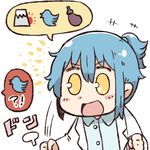  0_0 1girl :d =3 blue_hair clenched_hands commentary_request eggplant hatsuyume labcoat logo mount_fuji open_mouth personification ponytail sidelocks smile solo tsukigi twitter twitter-san twitter-san_(character) v-shaped_eyebrows yellow_eyes 