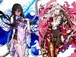  armor asteria black_hair blue_eyes bow brown_eyes cape earrings fate/apocrypha fate/grand_order fate_(series) genderswap genderswap_(mtf) highres jewelry karna_(fate) messy_hair red_eyes weapon white_hair 