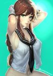  armpits bottomless braid breasts brown_hair cleavage closed_mouth crop_top crop_top_overhang gloves green_background green_eyes highres kantai_collection lips long_hair looking_at_viewer medium_breasts no_panties noshiro_(kantai_collection) sailor_collar shirt single_braid sleeveless sleeveless_shirt solo twitter_username white_gloves yonezawa_mao 